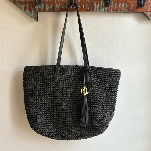 Lauren Ralph Lauren Crochet-Straw Medium Whitney Tote in black - Picture 2 of 9